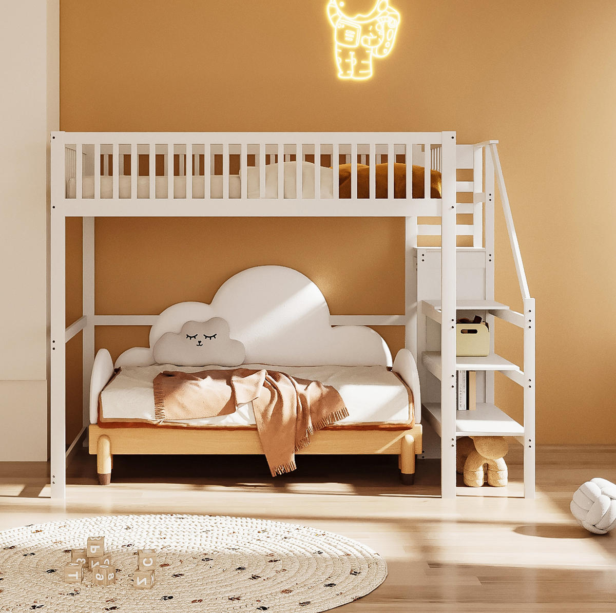 HOCHBETT 140/200 cm mit Treppe, Kleiderschrank und Stauraum aus Holzwerkstoff, Weiß - Weiß, Holzwerkstoff (140/200cm) - Redom