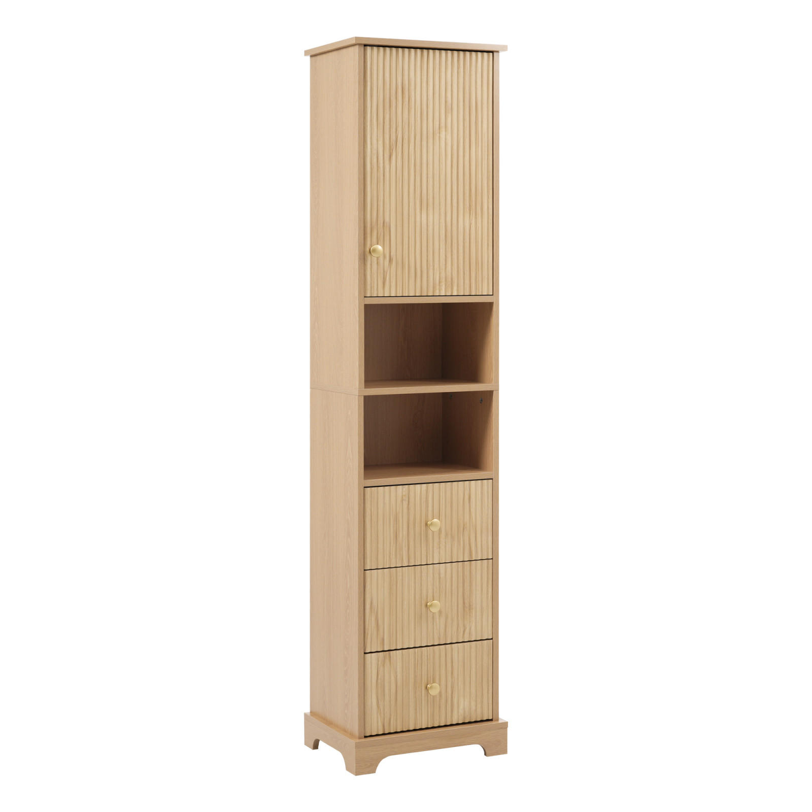 BADEZIMMER Hochschrank mit vertikalem Streifenmuster, Schubladen, offene Regalböden, Naturholzfarbe - Naturfarben, Holz (40/172/30cm) - PARAFTA HOME