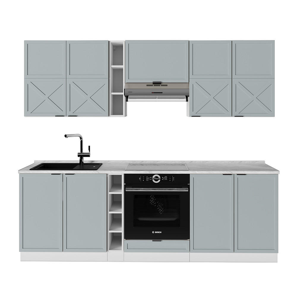 KÜCHENZEILE Fame-Line Hellblau-grau/Weiß 235 cm, AP Marmor - Blaugrau/Weiß, Holzwerkstoff (235/81.6/60cm) - Vicco