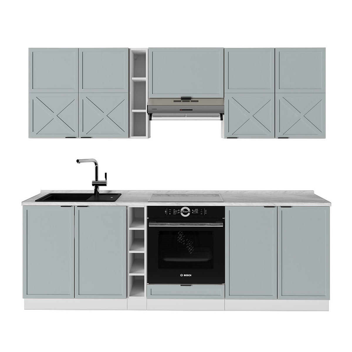 KÜCHENZEILE Fame-Line Hellblau-grau/Weiß 235 cm, AP Marmor - Blaugrau/Weiß, Holzwerkstoff (235/81.6/60cm) - Vicco