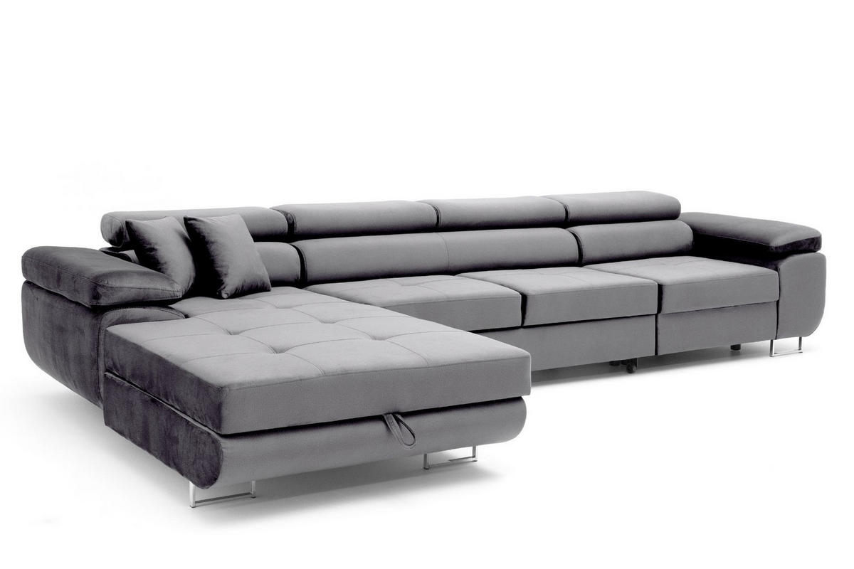 ECKSOFA ALONZO MAXI Links mit Schlaffunktion 125x195 Velours Grau - Silberfarben/Grau, Holz/Textil (350/203cm) - Muffo