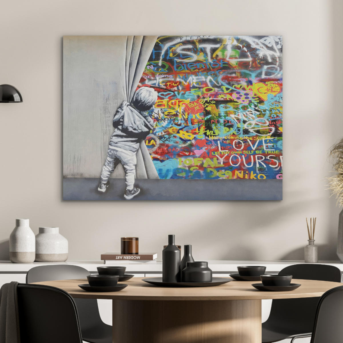 AKUSTIKBILD Graffiti - Junge - Ilussie - Straßenkunst Gemälde 80x60 cm - Hellgrau, Textil (80/60/0.9cm) - MuchoWow