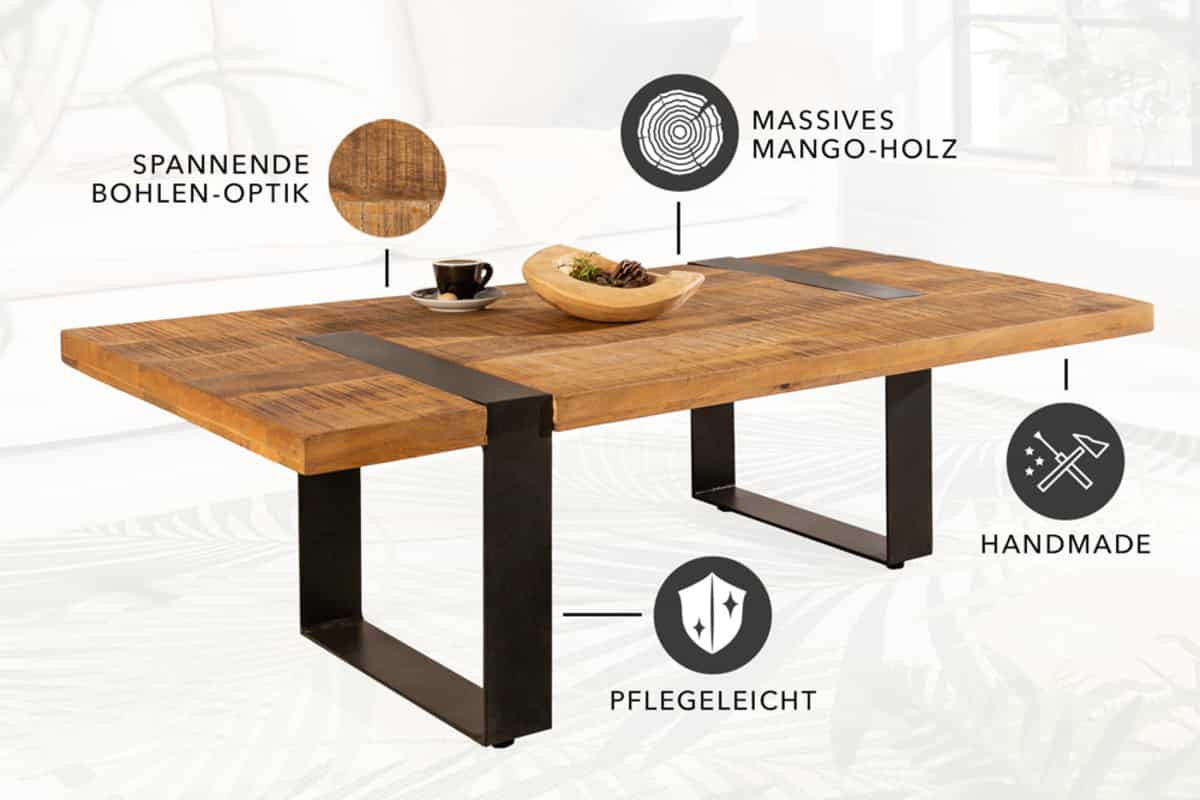 COUCHTISCH IRON CRAFT Mango rechteckig Braun|Natur 100cm - Schwarz/Braun, Holz/Metall (60/100/39cm) - riess-ambiente