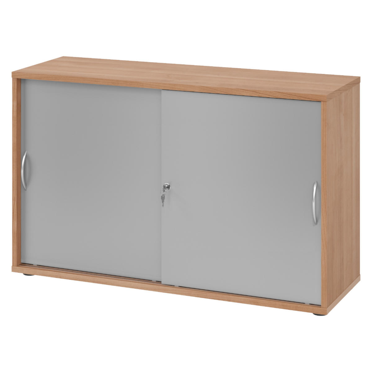 SCHIEBETÜRENSCHRANK - 2 Ordnerhöhen 40/120/74,8 cm in Nussbaumfarben/Silberfarben Bogengriff (Metall) - Silberfarben/Nussbaumfarben, Holzwerkstoff (120/74.8/40cm) - bümö