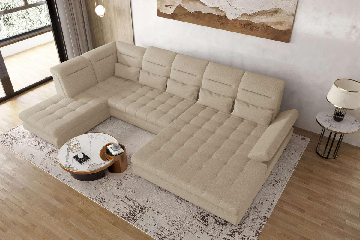 WOHNLANDSCHAFT Toscana Velours inkl. Schlaffunktion - Creme, Textil (358/87/208cm) - 99rooms