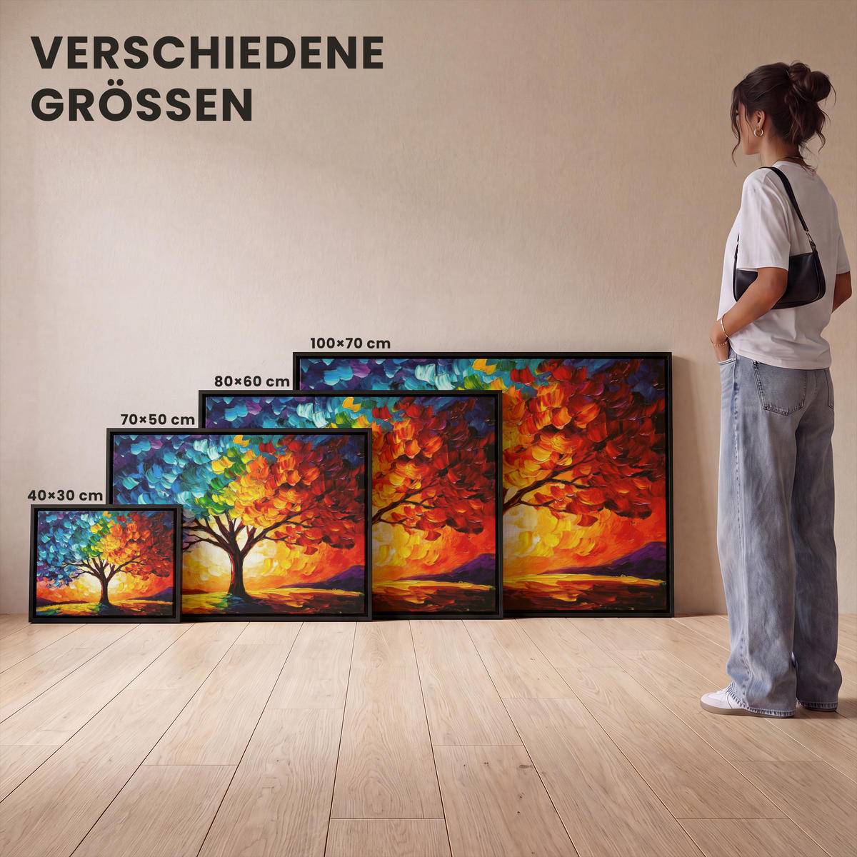 LEINWAND Bilder mit Rahmen - Baum - Kunst - Natur - Sonnenuntergang - 70x50 - Multicolor, Textil (70/50cm) - MuchoWow