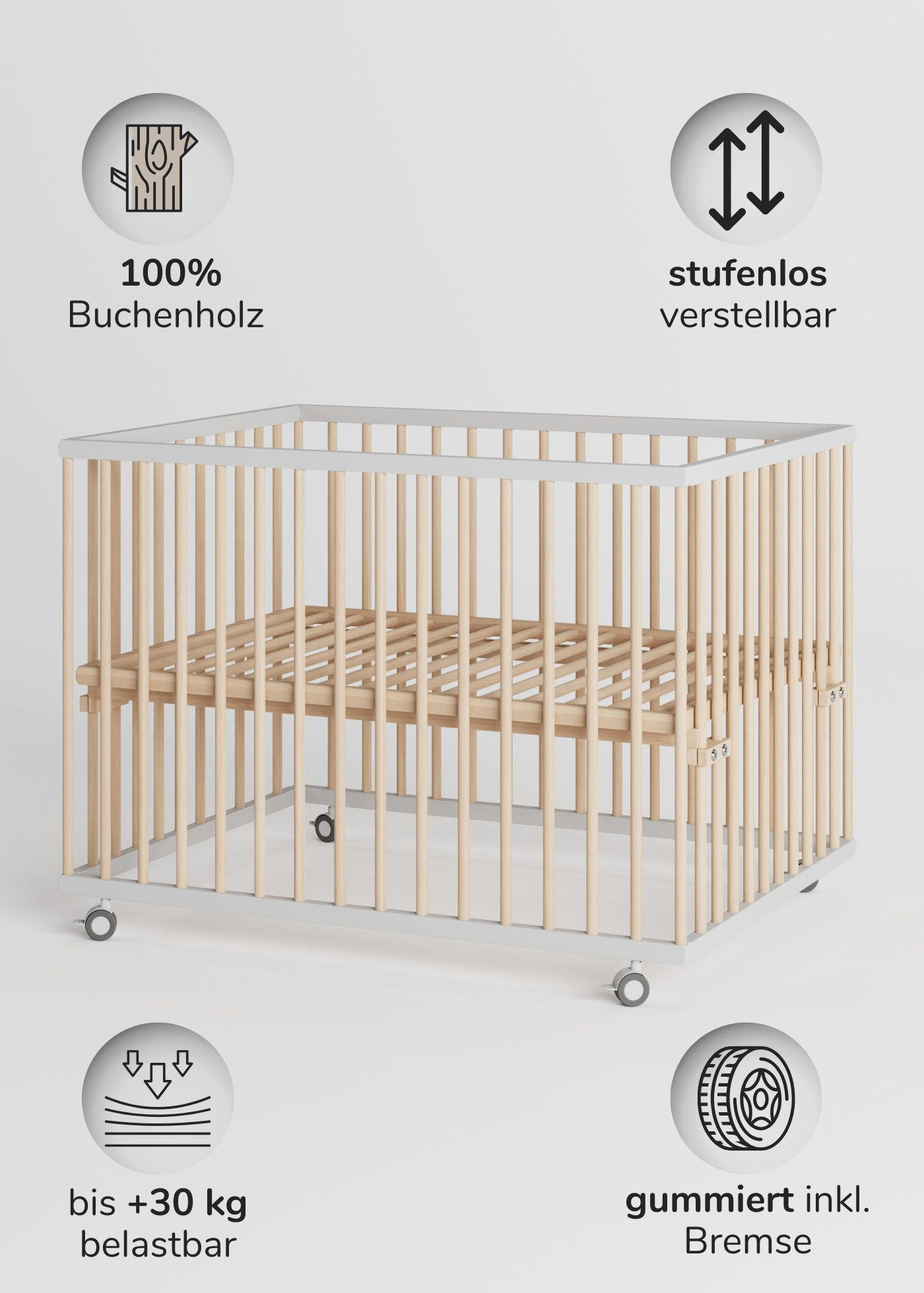 LAUFGITTER 75x100 cm mit Lattenrost & Matratze SleepPlus - weiß/natur - Premium Kollektion - Weiß/Naturfarben, Holz (100/74/75cm) - Sämann – make a difference.