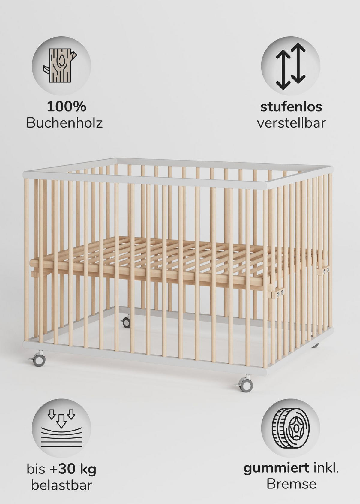 LAUFGITTER 75x100 cm mit Matratze Cloud Air & Lattenrost - weiß/natur - Premium Kollektion - Weiß/Naturfarben, Holz (100/74/75cm) - Sämann – make a difference.