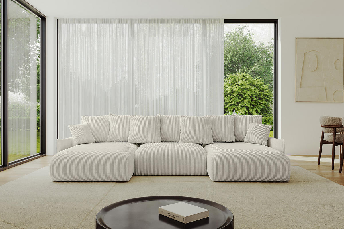 WOHNLANDSCHAFT mit Schlaffunktion und Bettkasten ONESK-U-v1 304x165x40 Hellgrau Cord - Hellgrau, Holzwerkstoff/Kunststoff (304/90/165cm) - ALTDECOR