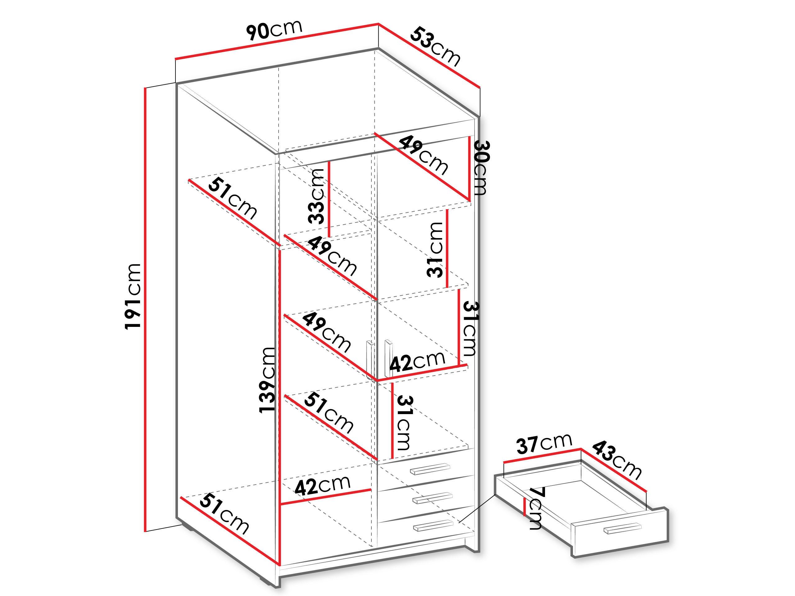 Thumbnail - Mirjan24 Kleiderschrank, Sonoma Eiche, Holzwerkstoff, 3 Schubladen, Rechteckig, 90x191x53 cm, Schlafzimmer, Kleiderschrä...