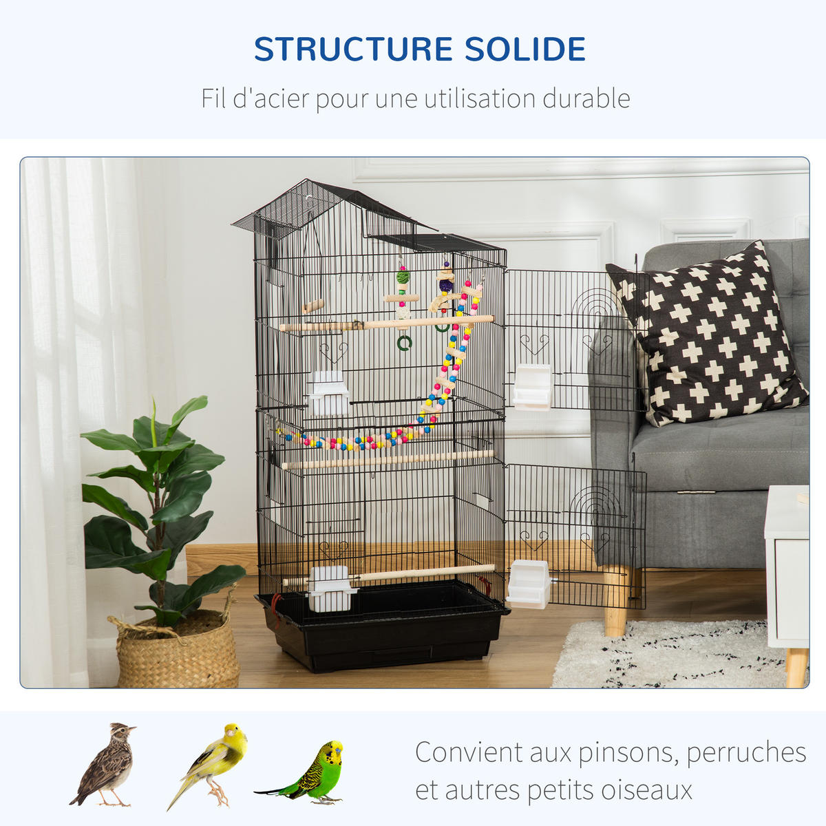 VOGELKÄFIG DE-17811 4 Futterhäuschen & 3 Sitzstangen - Schwarz, Metall (36/100/46cm) - ComfortXL