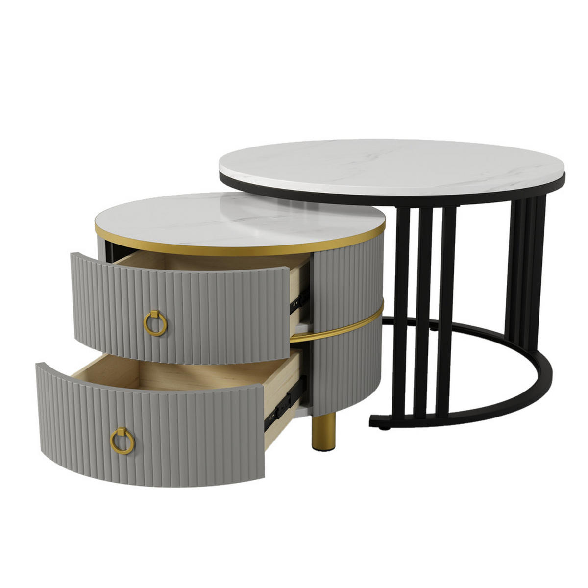 COUCHTISCH 2-in-1 Rund Hochglanz 2 Schubladen Schwarz-Weiß-Grau - Grau, Holz (56/56/34.5cm) - FLIEKS