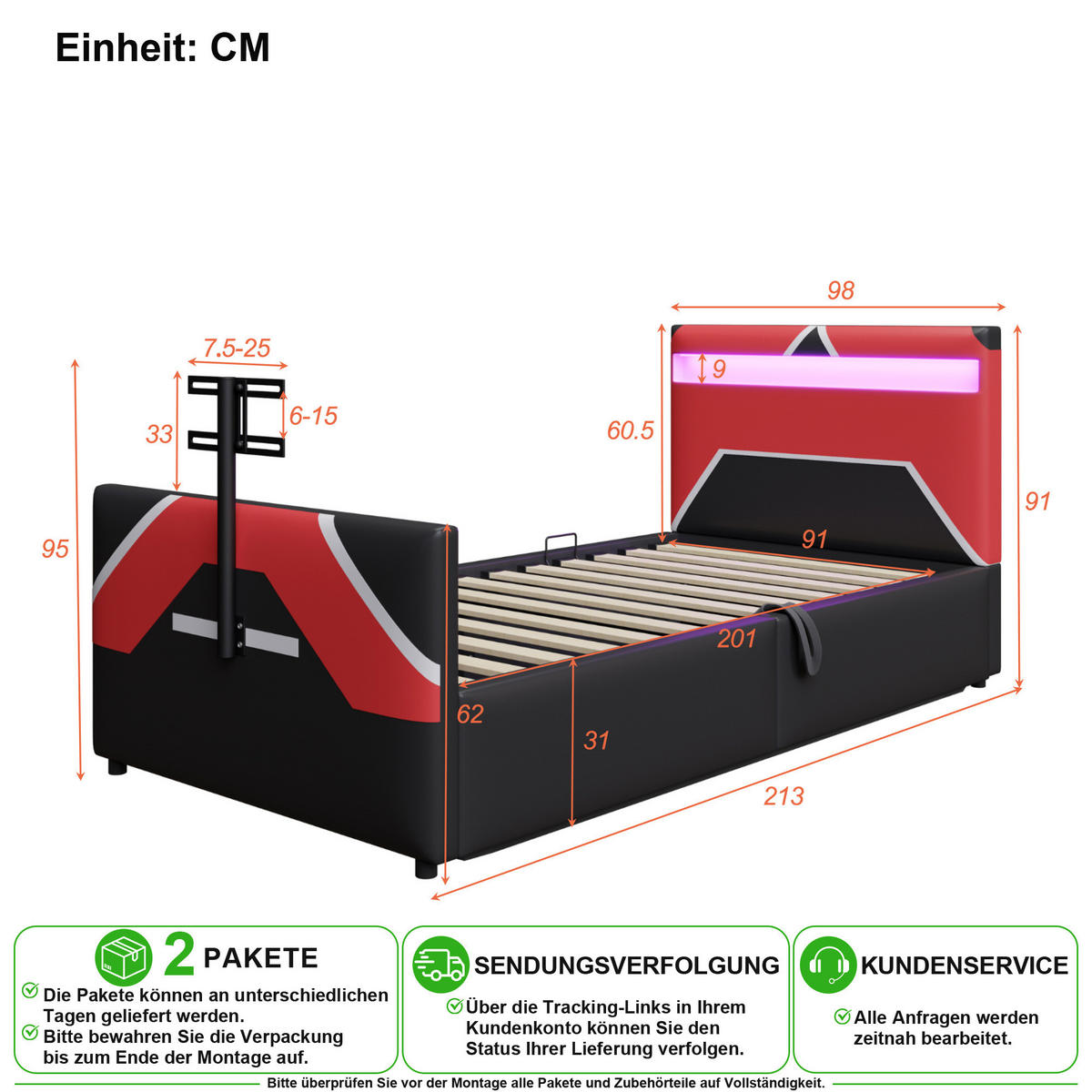 KINDERBETT 90/200 cm in Schwarz mit LED, TV-Halterung und Bettkasten - Rot/Schwarz, Holzwerkstoff/Textil (90/200cm) - CHICFURN