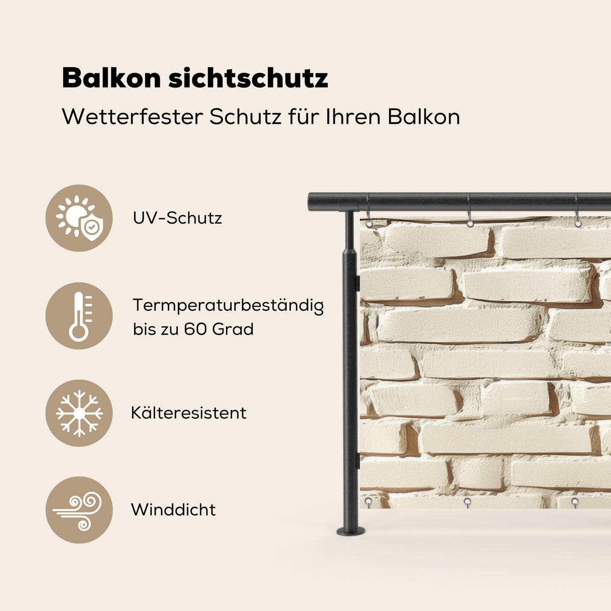 BALKON-SICHTSCHUTZ Ziegel - Wand - Licht - Weiß - Creme, Kunststoff (200/90cm) - MuchoWow