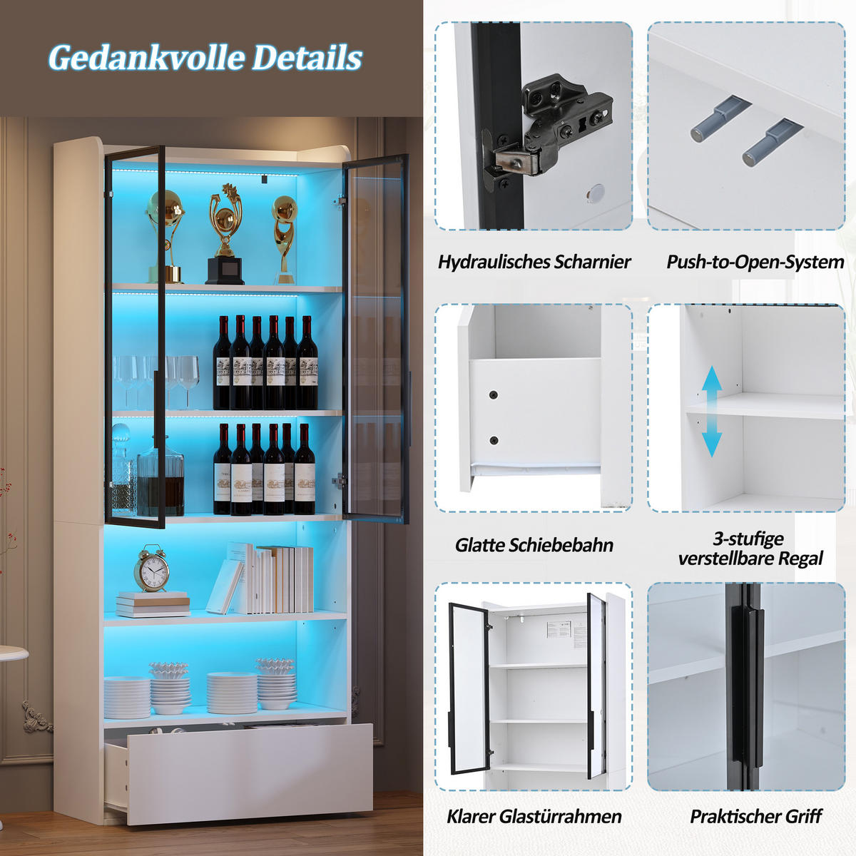 VITRINE Weiß mit Glastüren, einer Schublade und App-gesteuerter LED-Beleuchtung 80 × 34 × 180 cm aus MDF und Glas - Weiß, Holzwerkstoff (80/180/34cm) - Luhomfu
