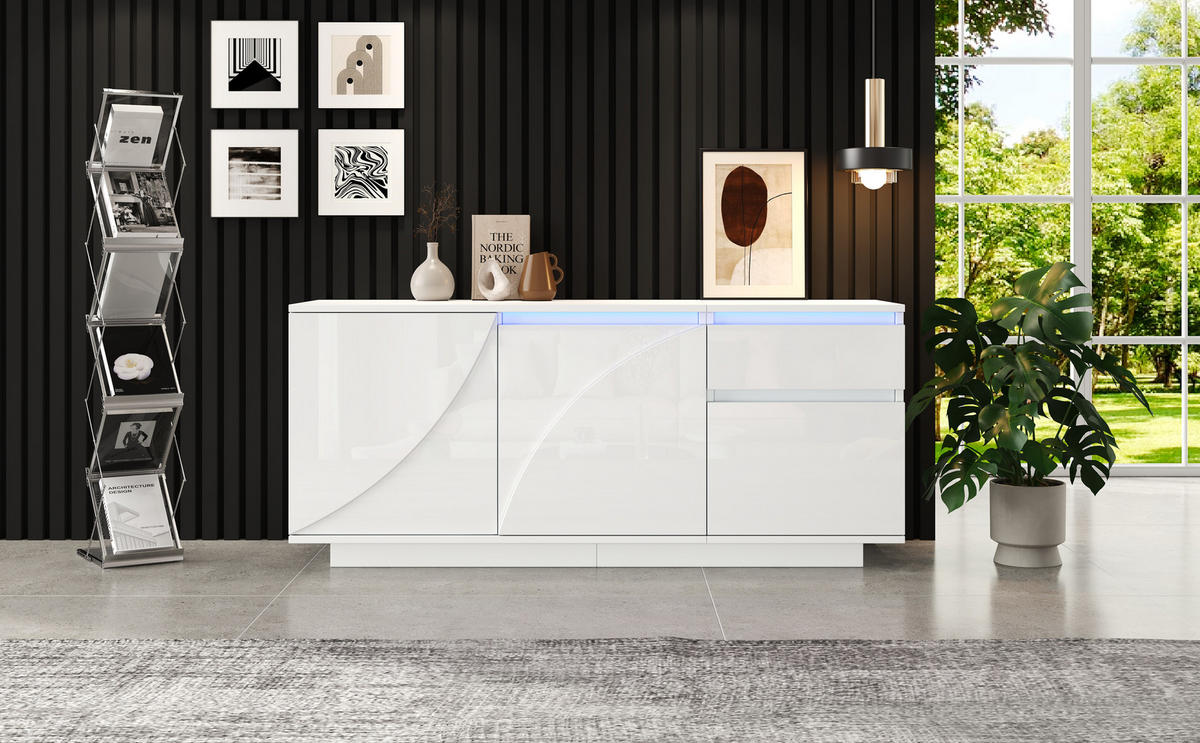 SIDEBOARD 140/40/60 cm, Hochglanz Weiß mit LED, 3 Schränke und 1 Schublade, verstellbare Einlegeböden，Weiß - Weiß, Holzwerkstoff (140/60/40cm) - Redom