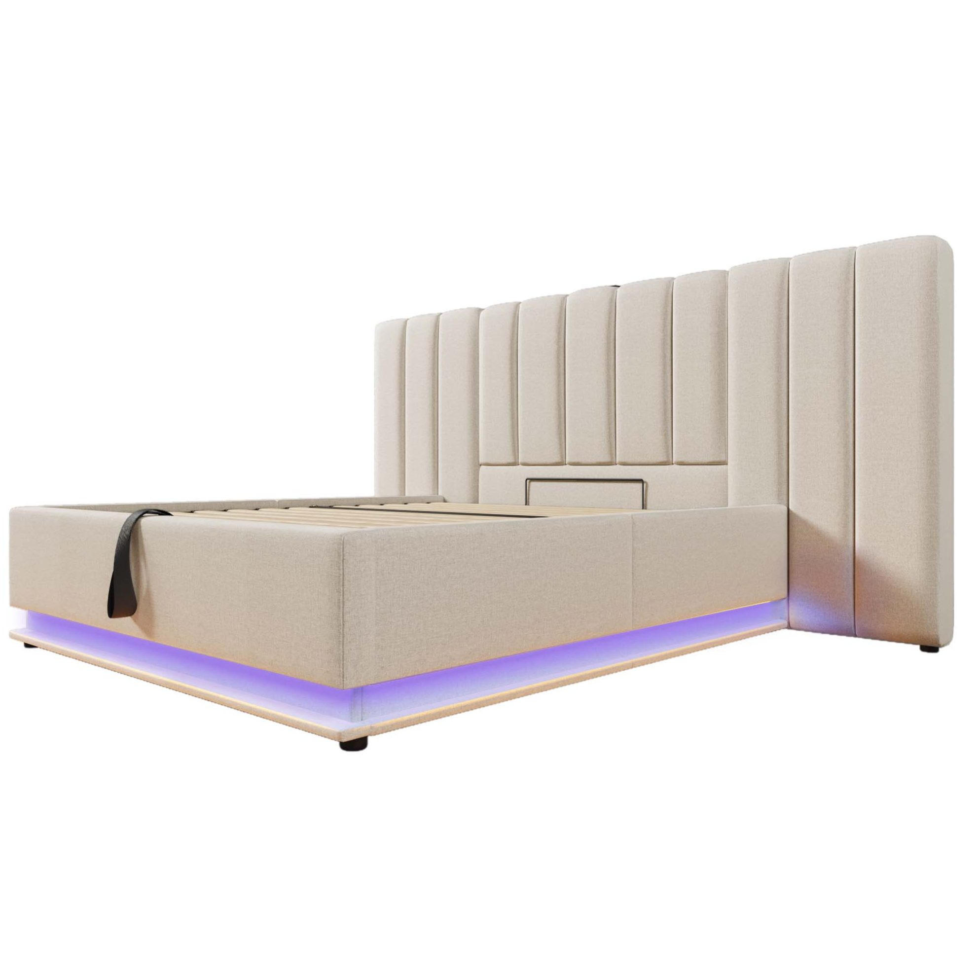Modfu ČALOUNĚNÁ postel ze lnu 160x200 cm béžová s LED osvětlením, USB-C a hydraulickým úložným prostorem