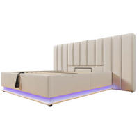 POLNJENA postelja iz lana 160x200 cm bež z LED osvetlitvijo, USB-C priključkom in hidravličnim shranjevanjem - bež, tekstil (160/200cm) - Modfu