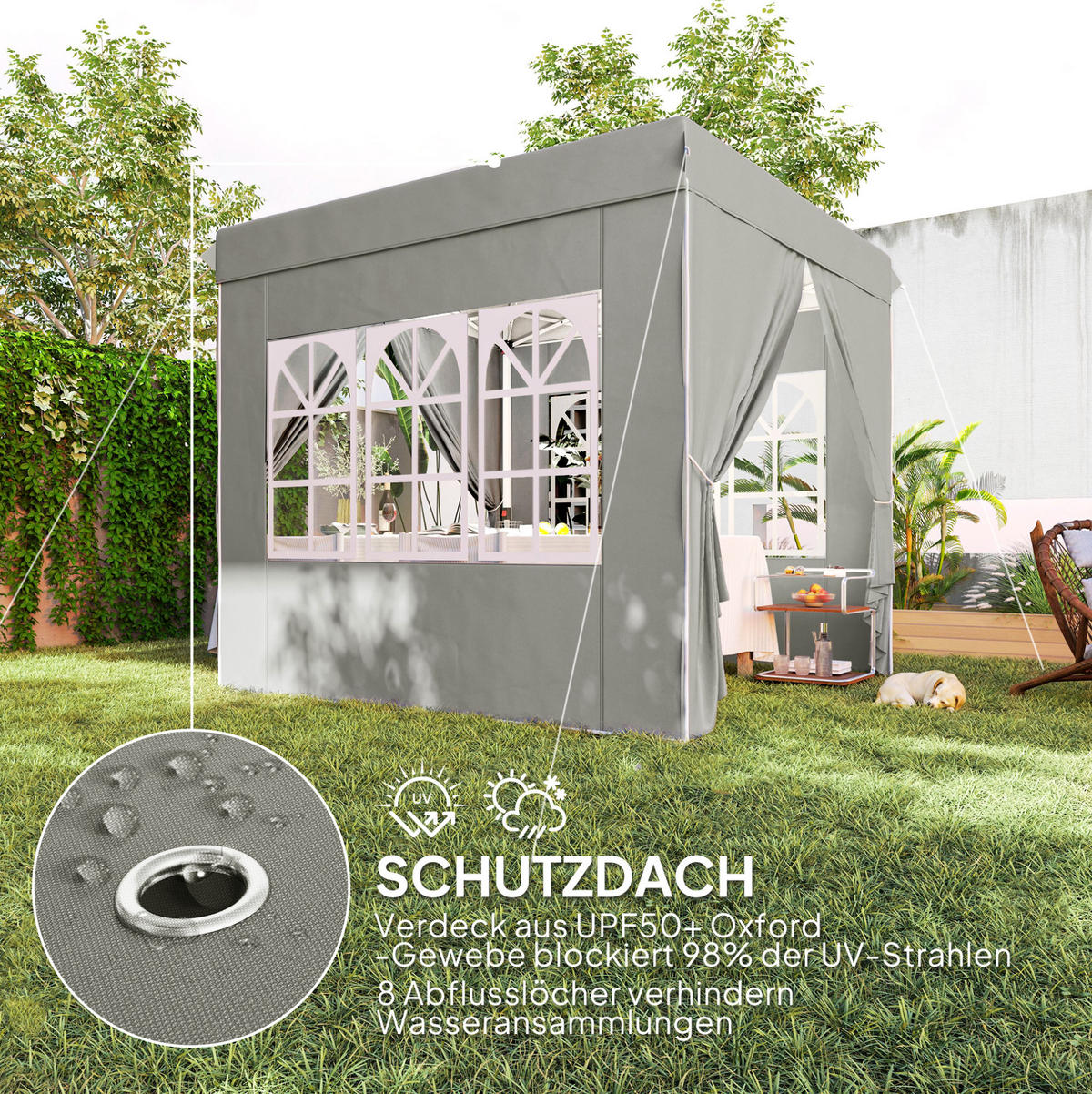 PAVILLON 248/248/270 cm faltbar mit Pop-up-Mechanismus, UV-Schutz und höhenverstellbarem Gestell, Hellgrau - Hellgrau, Textil (248/270/248cm) - Redom