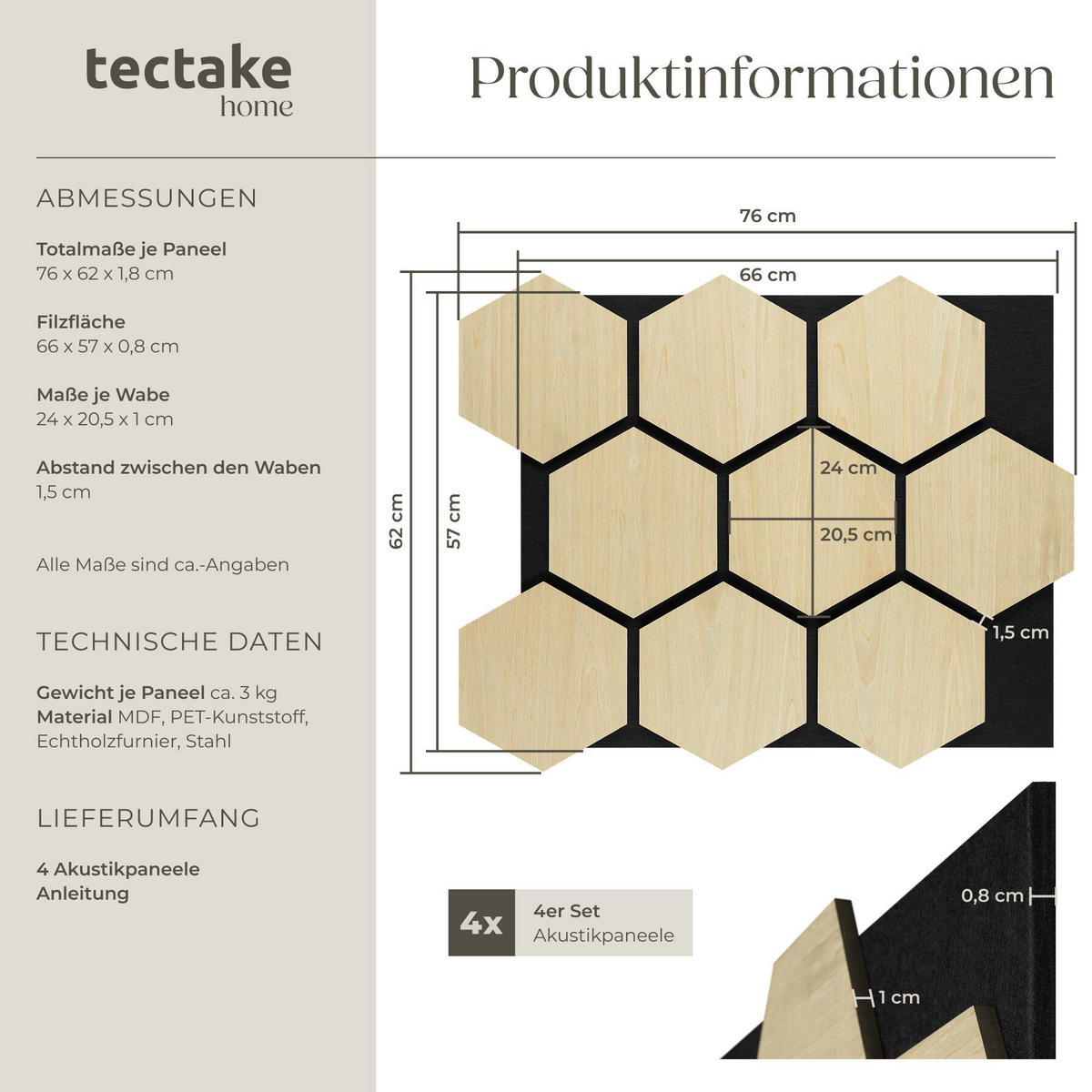 AKUSTIKPANEELE Sonic Shield, je 76 x 62 x 1,8 cm, Größe flexibel anpassbar, Eiche hell - Eichefarben, Holz (62/1.8/76cm) - tectake