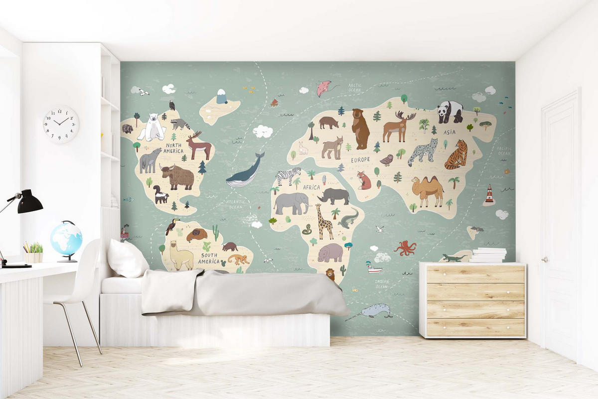 FOTOTAPETE Weltkarte für Kinder 350 x 279 cm - Grün, Papier (350/279cm) - Sanders & Sanders