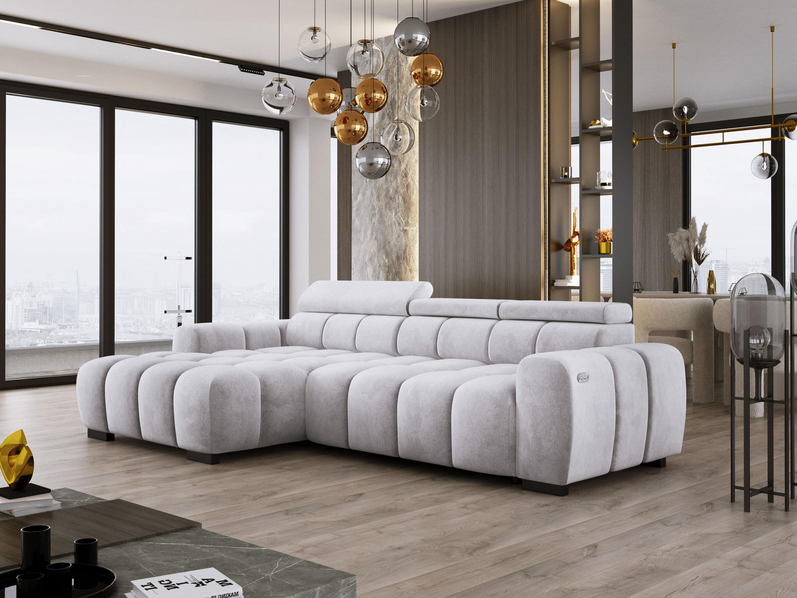 ECKSOFA OMBO 285x168x77/97 cm, Links, Schlaffunktion, elektr. Sitz, Kopfstützen, Buche dunkel, hydrophober SALVADOR-Stoff – Silber - Hellgrau, Holz/Textil (168/285cm) - DomoHome