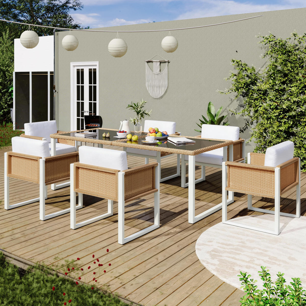 GARTEN-ESSGRUPPE 170/80/75 cm mit 6 Stühlen, gehärteter Glasplatte und abnehmbaren Bezügen, Braun/Weiß - Braun, Naturmaterialien - Redom