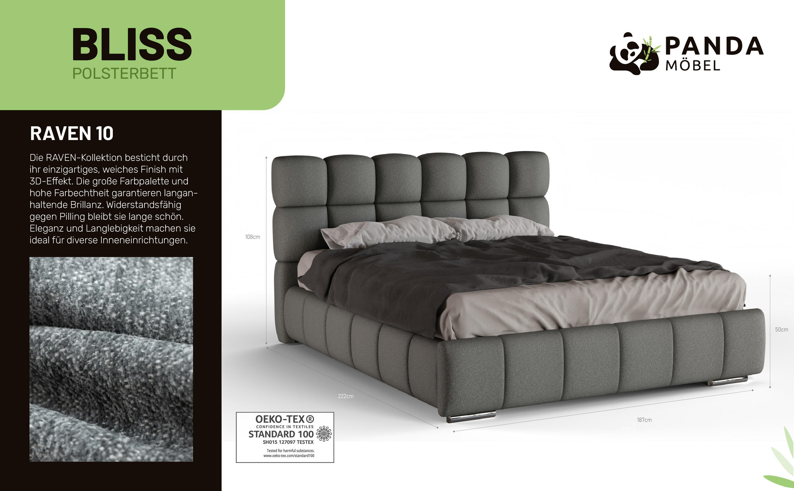 Thumbnail - Panda Möbel Polsterbett, Dunkelgrau, Holz, Mode, 160x200 cm, Oeko-Tex® Standard 100, Schlafzimmer, Betten, Polsterbetten