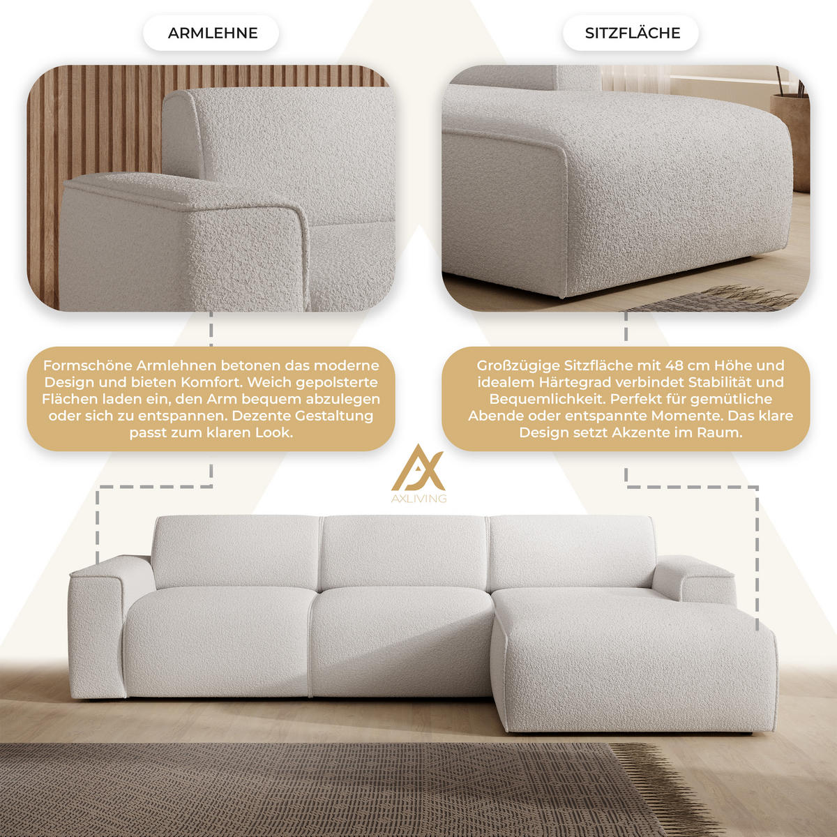 ECKSOFA L Form Didim mini Weiß 310/165/78 cm – stilvolle kleine Eckcouch R - Schwarz/Weiß, Kunststoff/Textil (310/165cm) - AX Living