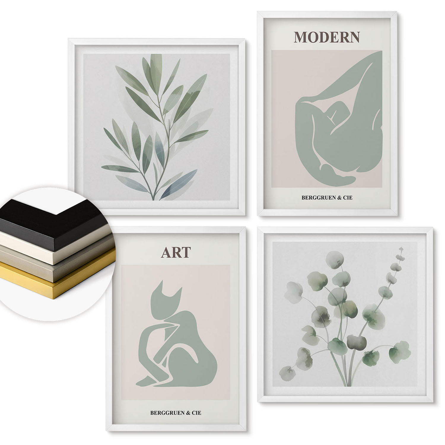 WANDBILDER 4er-Set - 50x50 cm & 40x60 cm Weißer Rahmen - Pflanzenmotive, zartes Grün - Weiß, Kunststoff (50/50cm) - ArtPrintCave