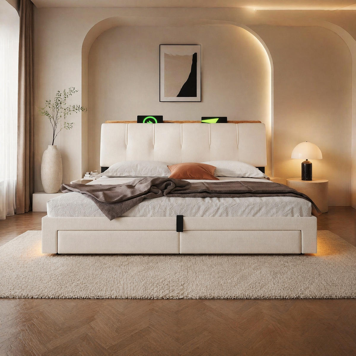 POLSTERBETT 180/200 cm in Beige mit Bettkasten, LED, USB und Typ-C, Schubladen, Leinen - Beige, Holzwerkstoff/Textil (180/200cm) - CHICFURN