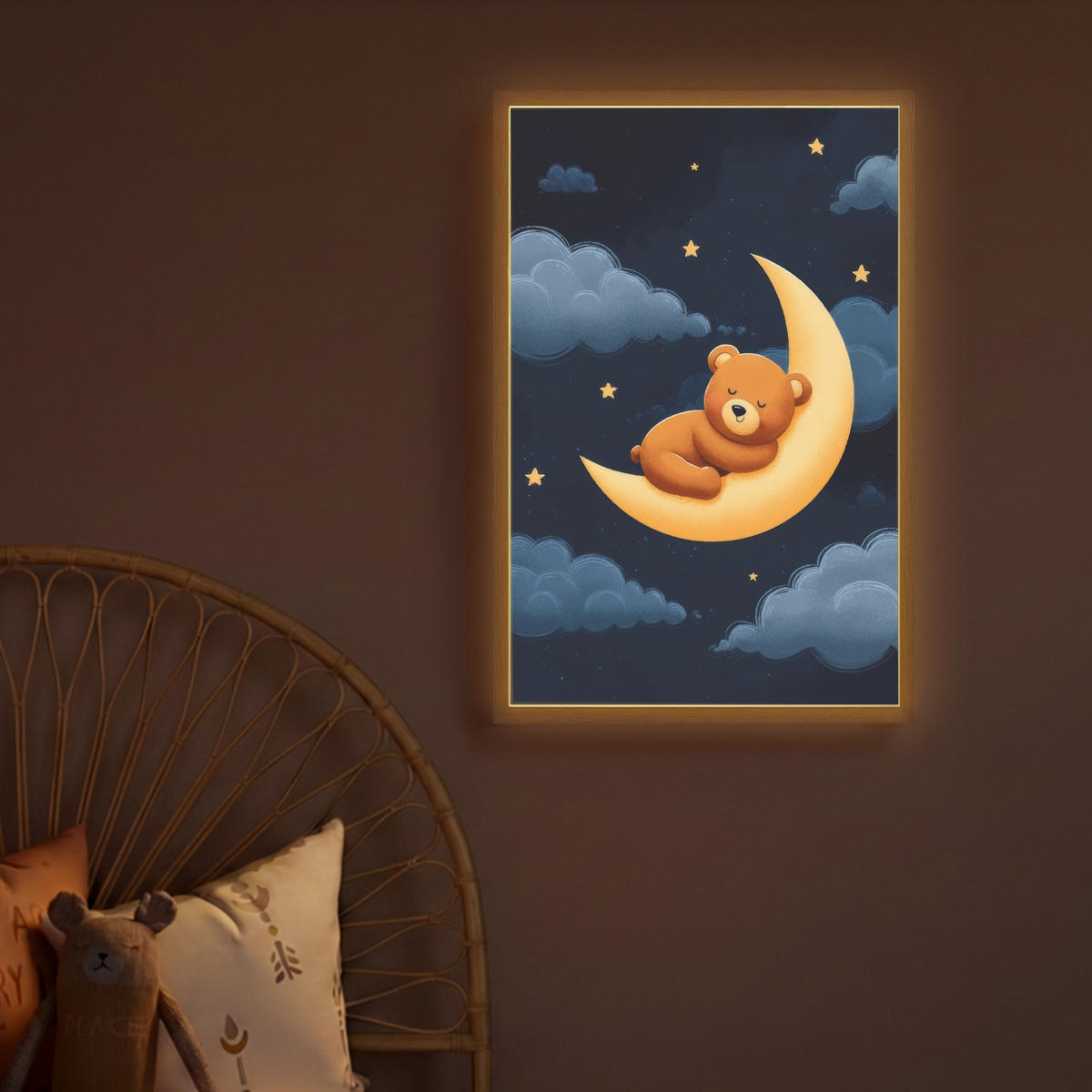 DOBÍJECÍ NOČNÍ LAMPIČKA Medvídek - Měsíc - Mraky - Hvězdy 40x60 cm - tmavě modrá, kompozitní dřevo (8/40/60cm) - OnlyWow
