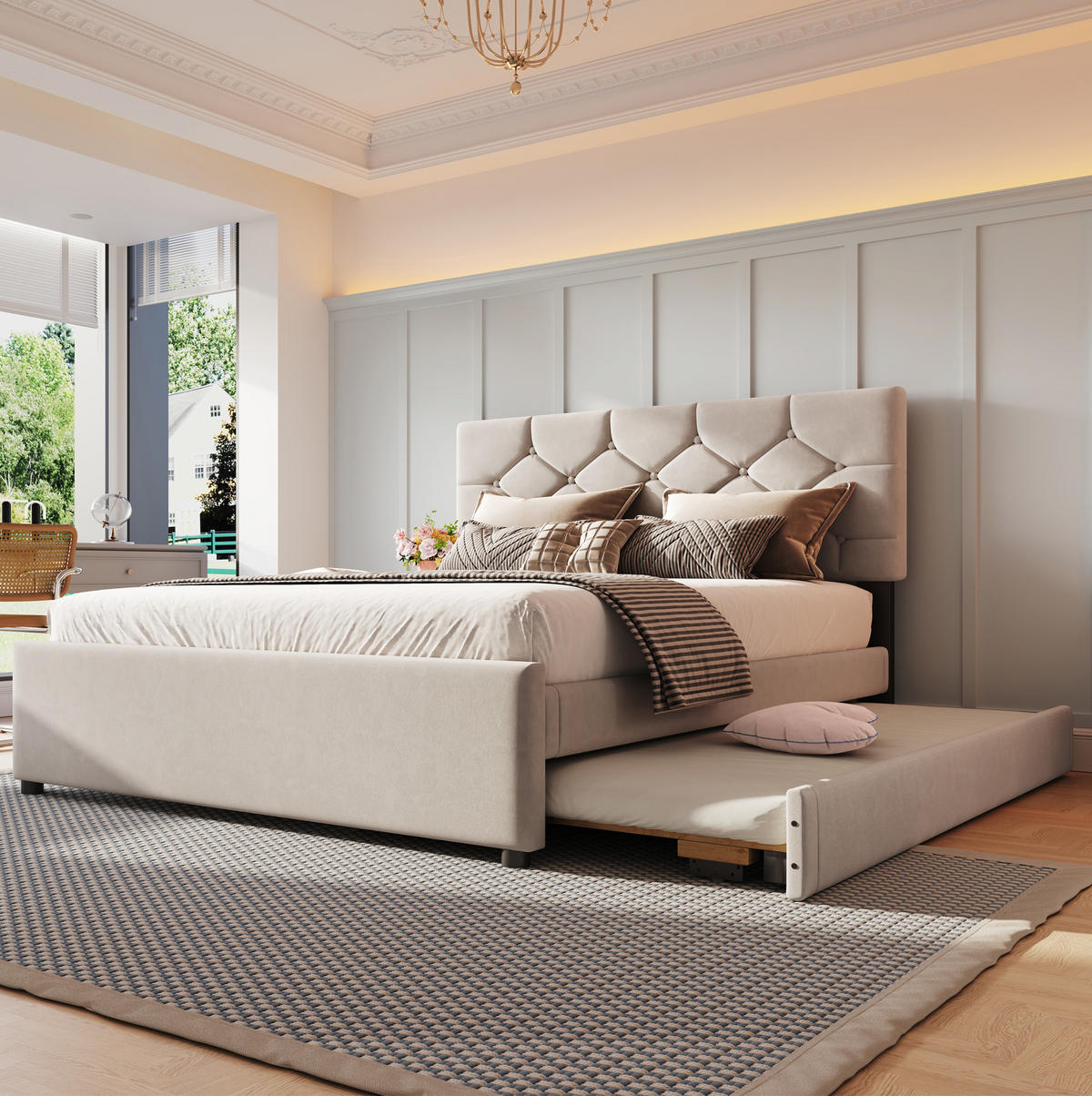 SAMT-POLSTERBETT 140/200 cm mit Rollbett und Lattenrost, Beige - Beige, Textil (140/200cm) - BEAOK