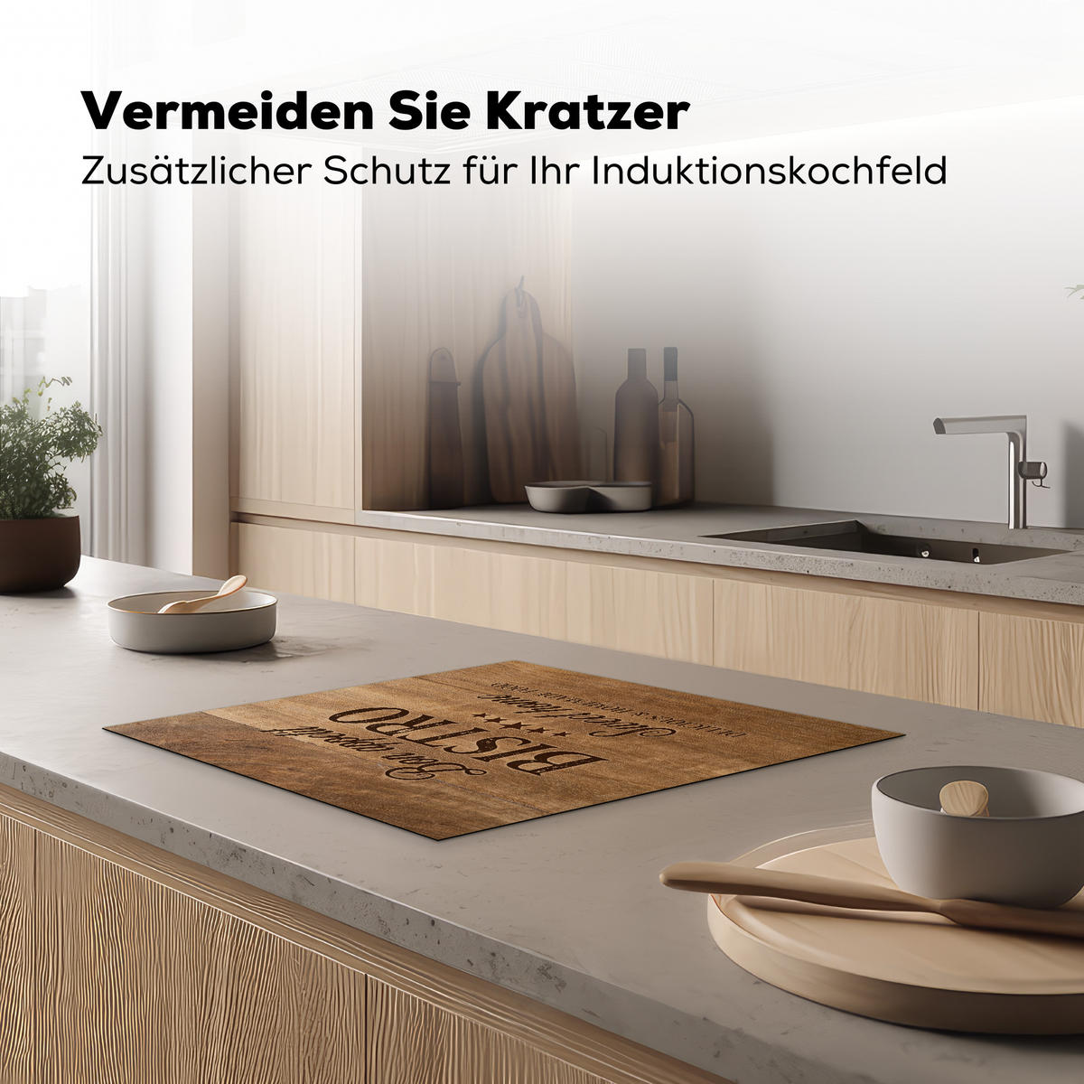 HERDABDECKPLATTE Zitat - Bistro - Guten Appetit - Süßes Zuhause - Holzmaserung 59x51 cm - Braun, Kunststoff (59/0.2/51cm) - MuchoWow