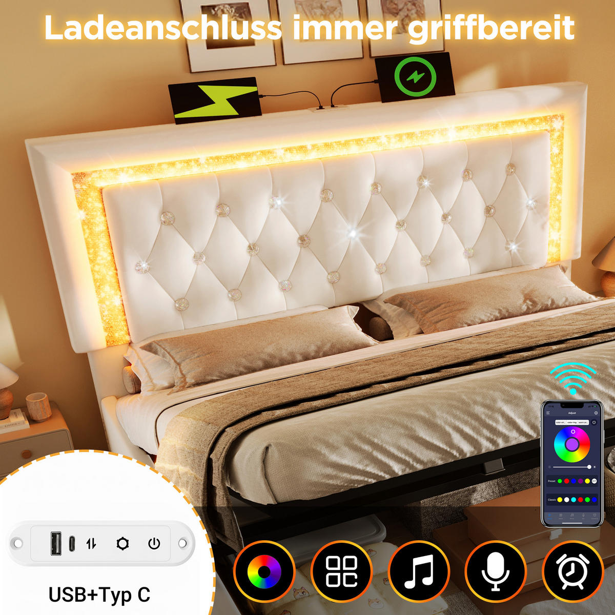 ČALÚNENÁ posteľ z velvetu 180x200 cm béžová s LED osvetlením, USB a USB-C, hydraulickým úložným priestorom - béžová, textil (180/200cm) - Modfu