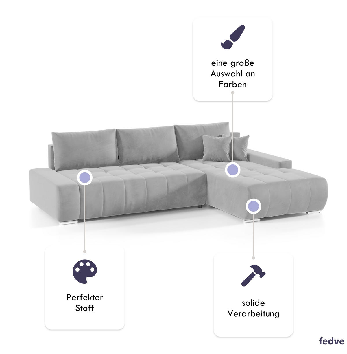 ECKSOFA mit Schlaffunktion Dhaka L, Hellgrau - Hellgrau, Textil (185/265cm) - Fedve