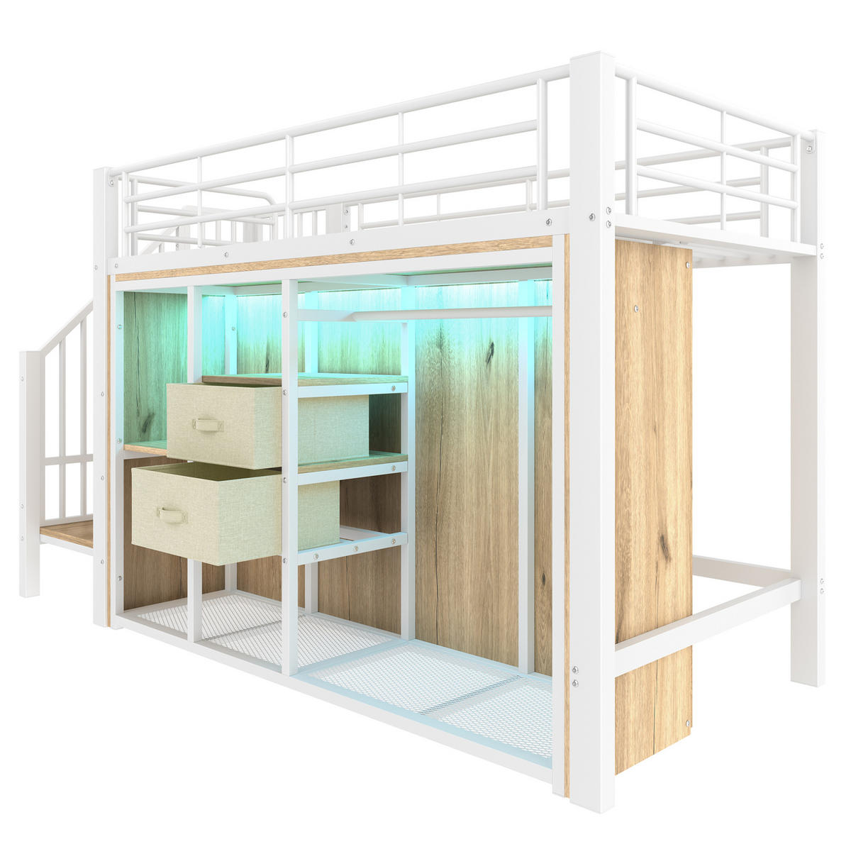 HOCHBETT 90/200 cm Weiß aus Metall und MDF mit LED-Beleuchtung und Stauraum - Weiß, Metall (90/200cm) - OKMYHOME