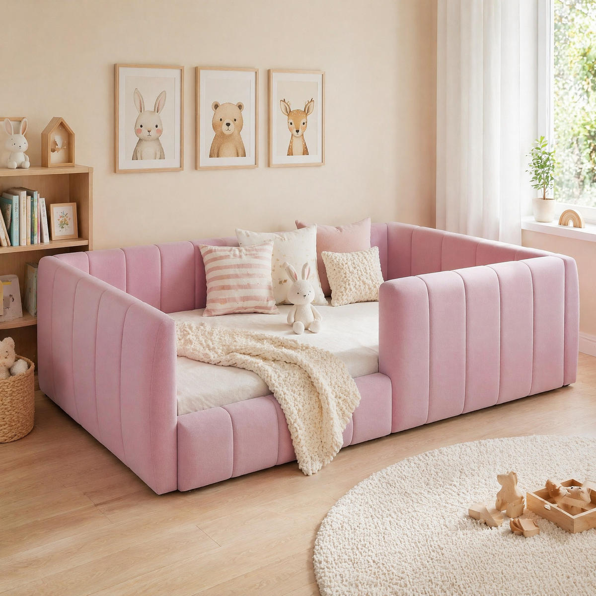 BOXBETT 90/200 mit Sicherheitsgeländer, gepolstertem Kopfteil und Rückenlehne in Rosa - Rosa, Holzwerkstoff/Textil (90/200cm) - EVRYAE