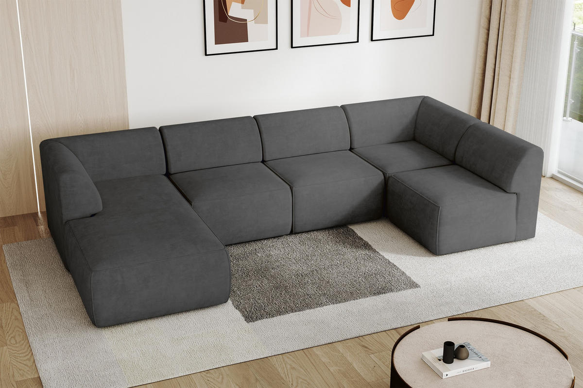 WOHNLANDSCHAFT Ottomane Links MOVA 345x180x78 Dunkelgrau Samt - Dunkelgrau/Anthrazit, Holzwerkstoff/Kunststoff (180/78/345cm) - ALTDECOR
