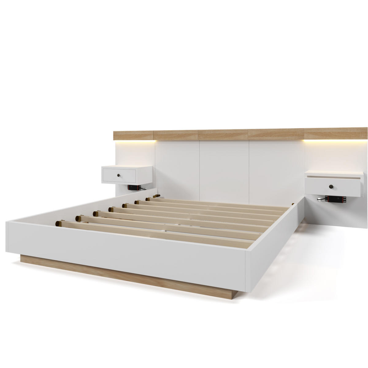 DOPPELBETT 140/200 cm mit 2 LED-Nachtkommoden, USB/Typ-C und Steckdose, Schwebeoptik, Sonoma-Eiche/Weiß - Weiß, Holzwerkstoff (140/200cm) - Redom