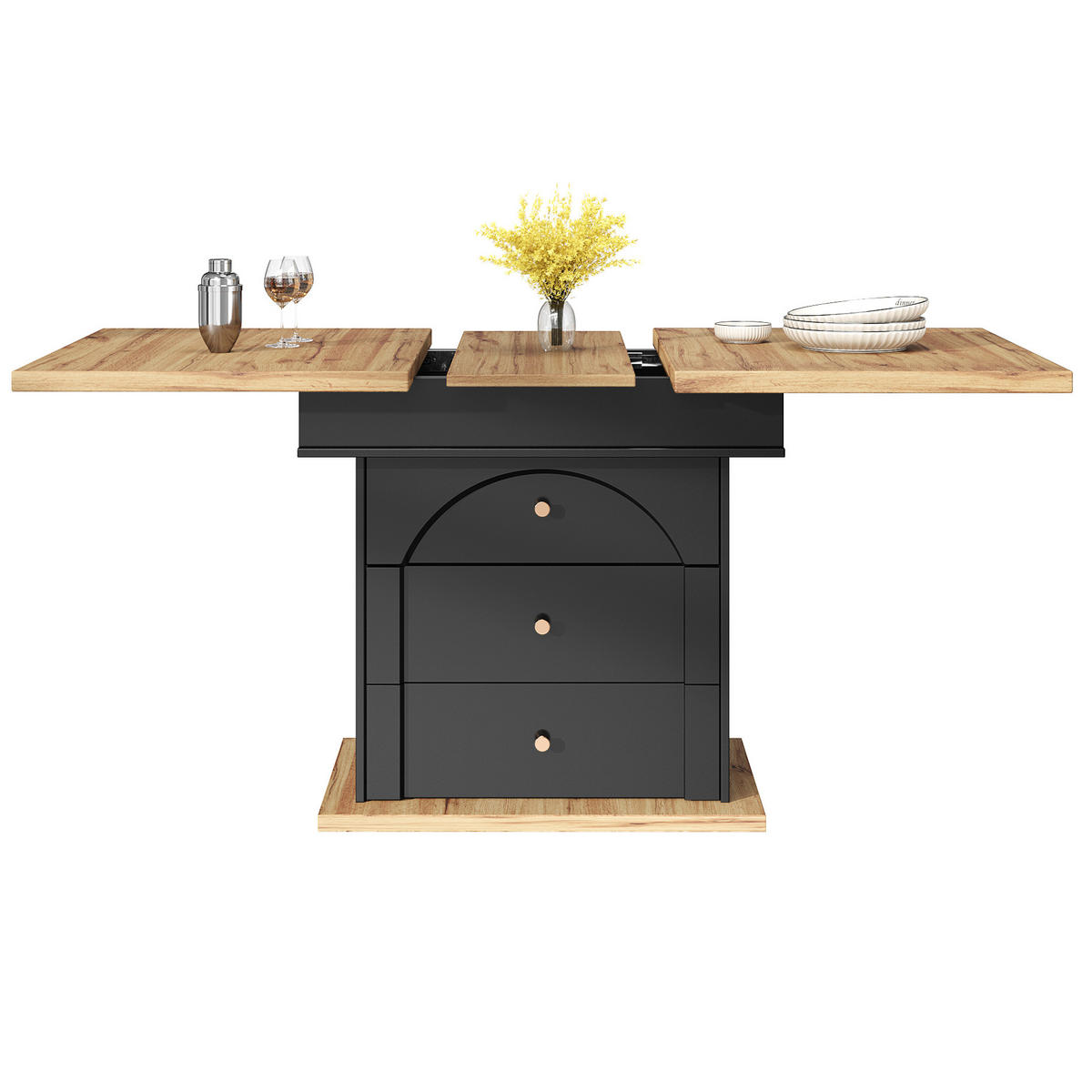 ESSTISCH 110-140/80/75 cm in Schwarz/Natur aus MDF mit Stauraum - Schwarz, Holzwerkstoff (110/80/75cm) - Flora Grace