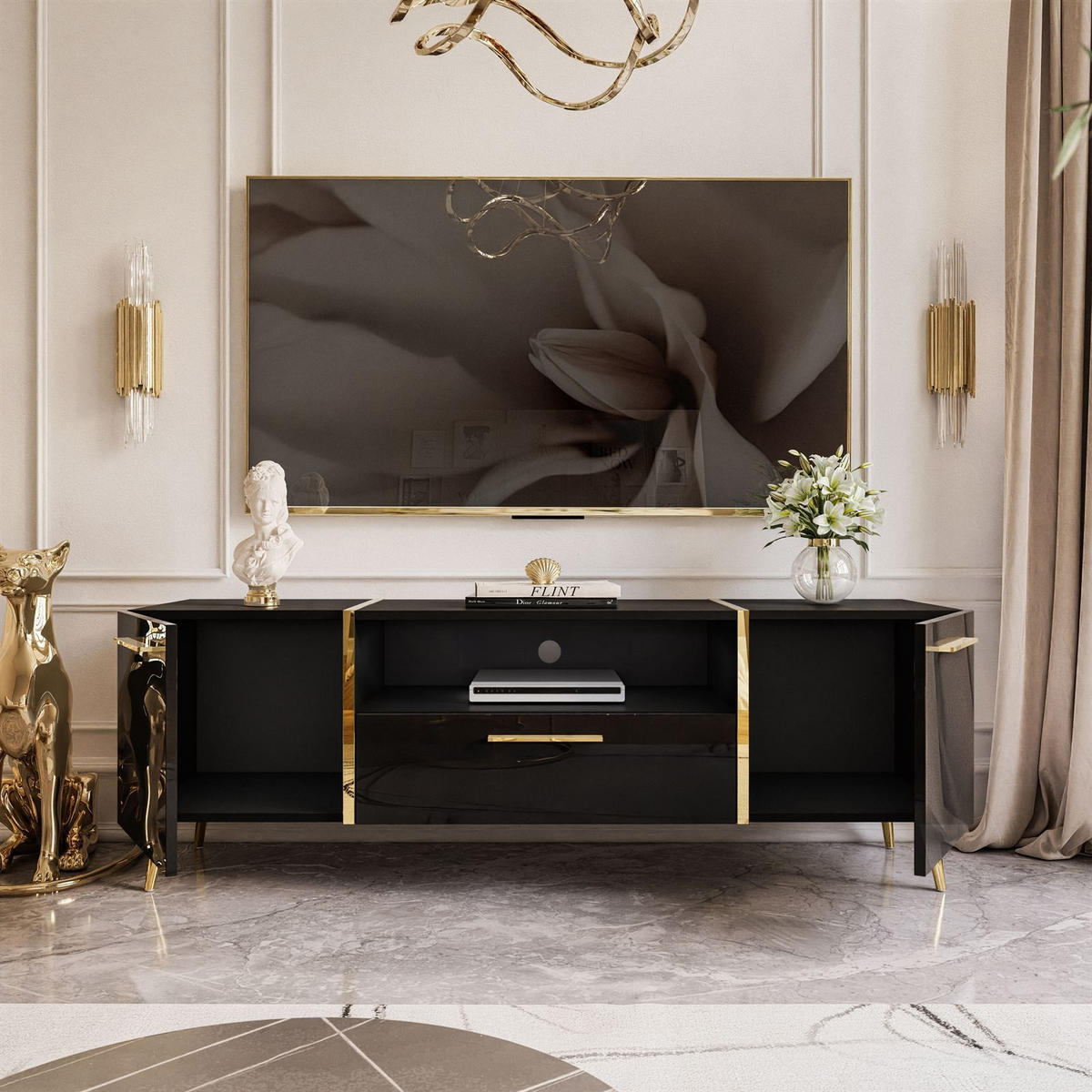 TV-ELEMENT ONYX AUF GOLDENEN BEINEN HOCHGLANZ 158 CM - Schwarz, Holzwerkstoff (158/53/41.3cm) - Lookway