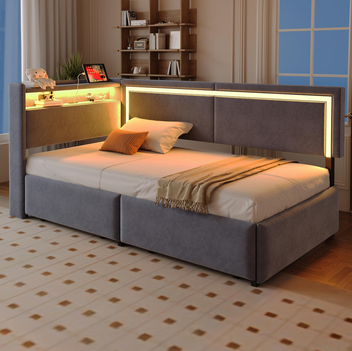 POLSTERBETT 90/200 cm Dunkelgrau aus Samt mit LED-Beleuchtung und USB-Anschlüssen - Dunkelgrau, Textil (90/200cm) - OKMYHOME