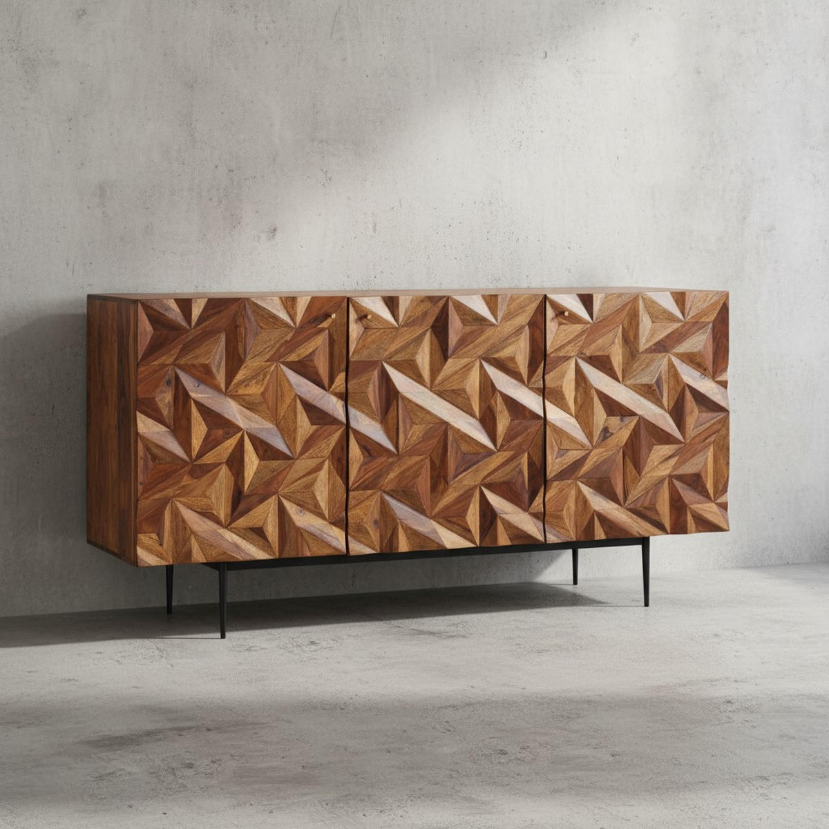 SIDEBOARD – "Metallux", Massivholz, braun, 3D-Oberfläche, modern - Schwarz/Braun, Holz/Metall (144/72/47cm) - KADIMA DESIGN