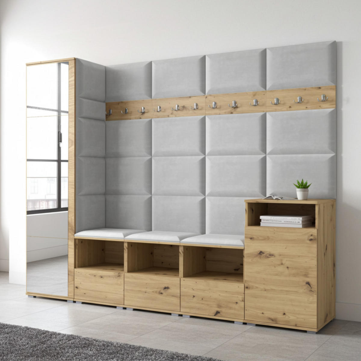 GARDEROBE NELA XI 250 cm (Modulare Flurmöbel Artisan Eiche mit Spiegel & Sitzpolster Hellgrau 32 Großes Set) - Silberfarben/Hellgrau, Holz/Holzwerkstoff (250/187/40cm) - Ravio