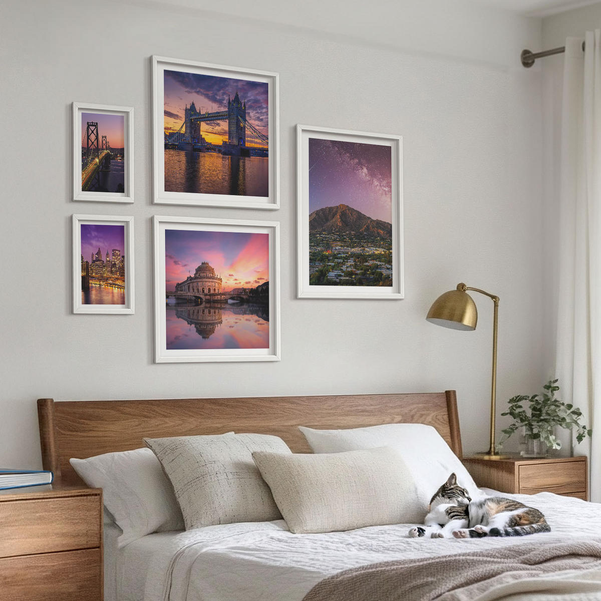 WANDBILDER 5er-Set - 50x50 cm & 20x30 cm & 40x60 cm Weißer Rahmen - Brücken, Sonne, Stadtblick - Weiß, Kunststoff (40/60cm) - ArtPrintCave