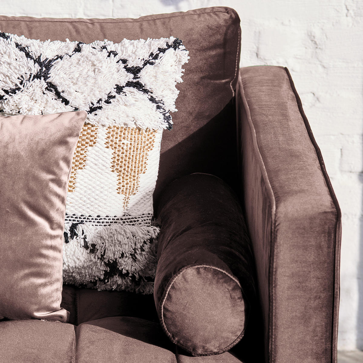 ECKSOFA - Samt - Dunkelbraun/Mauve, Birkenholz/Textil (201/155cm) - home24