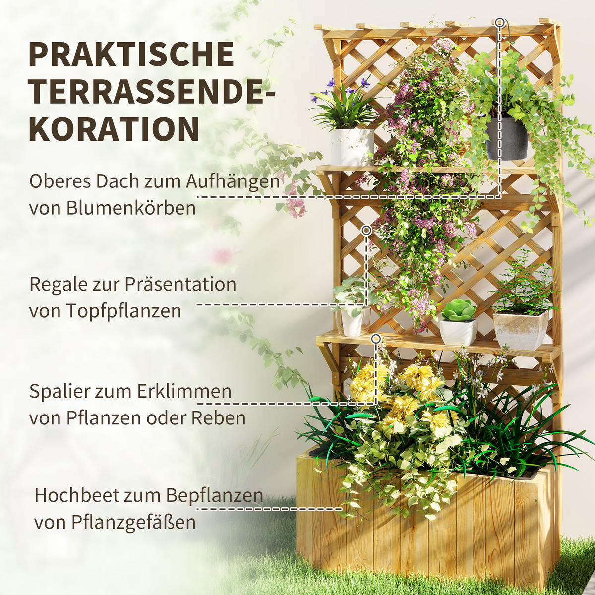 HOCHBEET 76x33x177 cm Holz Spalier Rankgitter - Naturfarben, Holz (76/177/33cm) - LEBENLANG