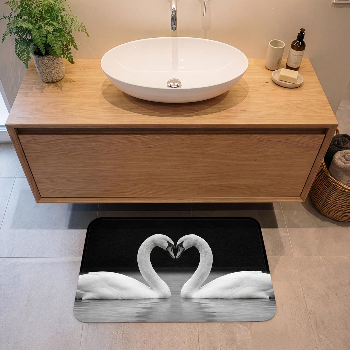KOUPELNOVÁ PŘEDLOŽKA Labutě - srdce - černá - bílá 80x50 cm - černá, textil/plast (80/50cm)