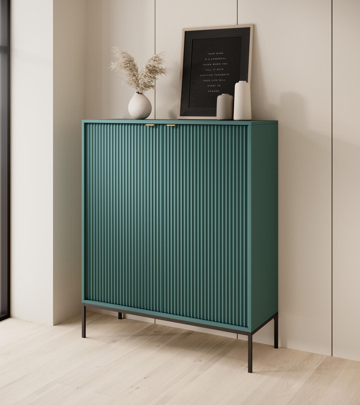 SIDEBOARD Eternas 2T Grün 104/125/39 cm – schwarze Füße, mit geriffelten Fronten - Schwarz/Grün, Holzwerkstoff (104/125/39cm) - AX Living